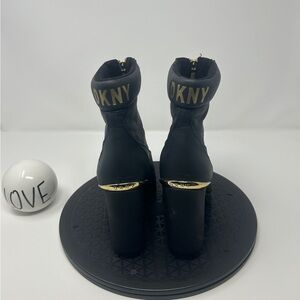 DKNY Women’s Logan Lug Sole Black Boots with Gold Detailing, Size 7M
